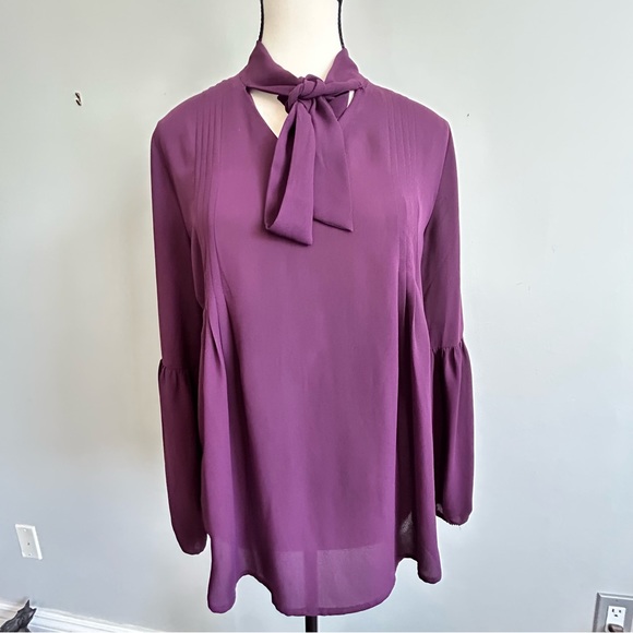 Banana Republic Burgundy Wine Tie Neck Women's Blouse Pleated Lantern Sleeves XS - Picture 8 of 9